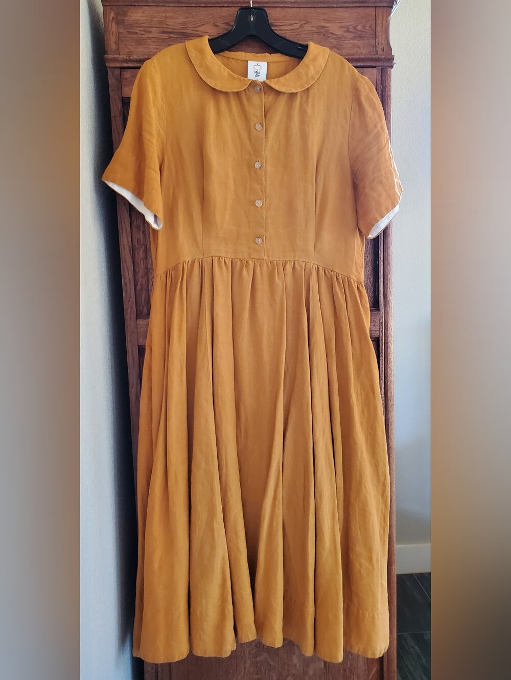 SON DE FLOR CLASSIC SHORT SLEEVE PETER PAN COLLAR LINEN MIDI DRESS XL